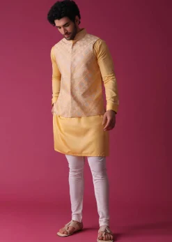 Canary Yellow Jacket Kurta Set In Art Silk With Threadwork