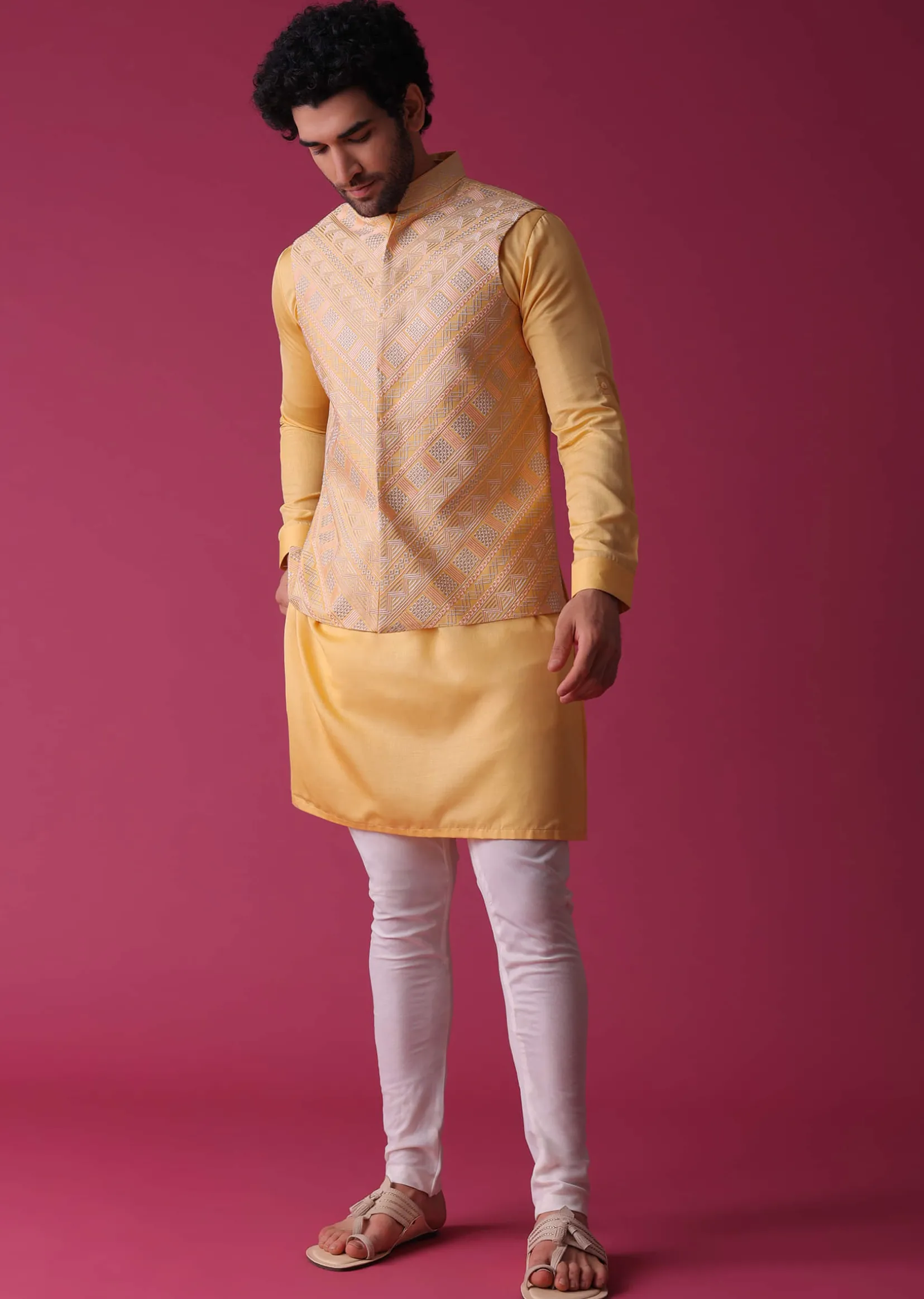 Canary Yellow Jacket Kurta Set In Art Silk With Threadwork