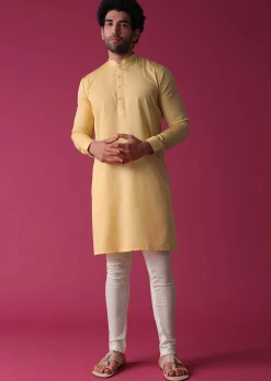 Canary Yellow Jacket Kurta Set In Art Silk With Threadwork