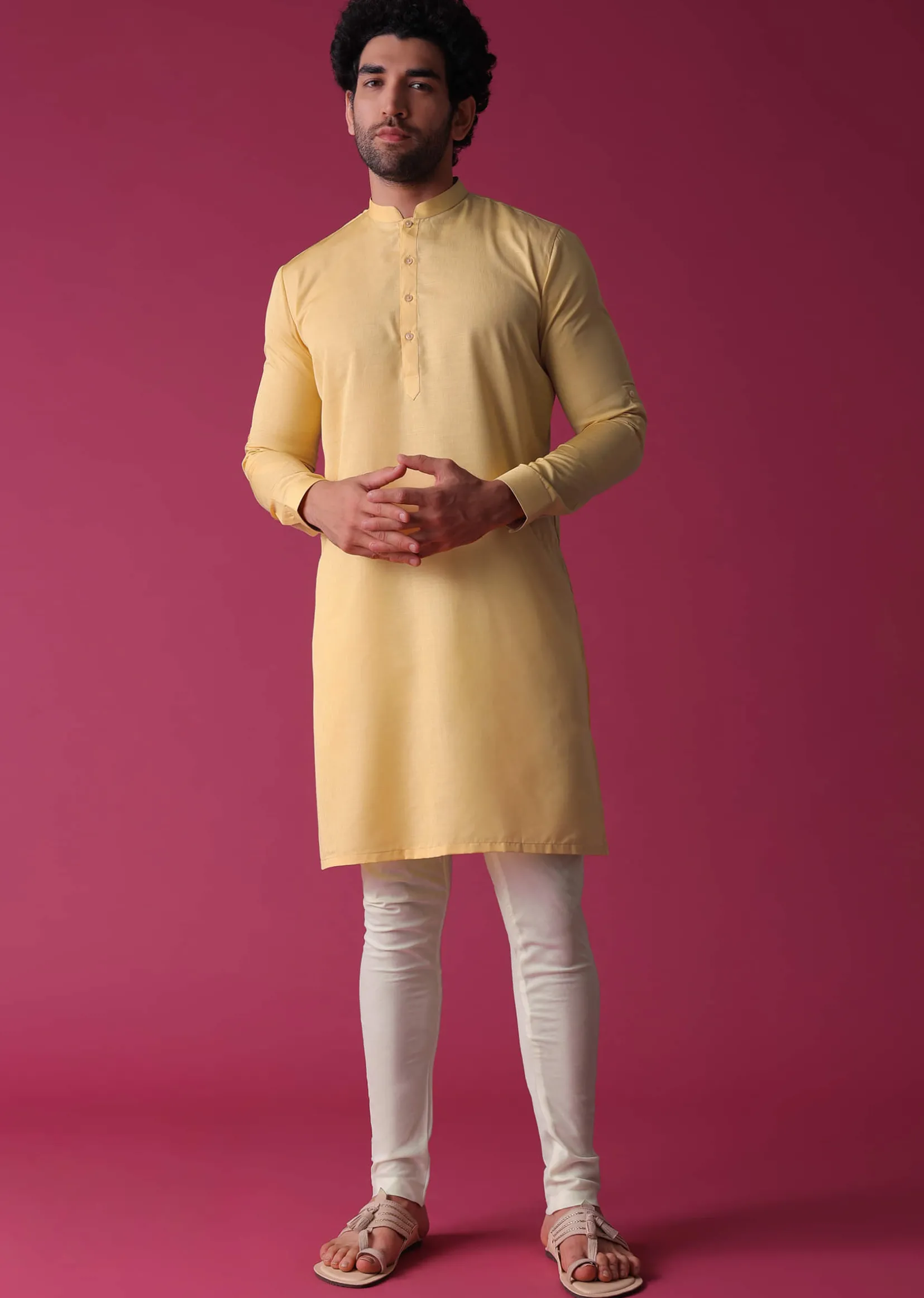 Canary Yellow Jacket Kurta Set In Art Silk With Threadwork