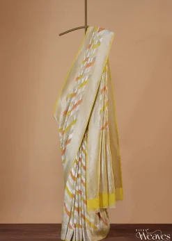 Canary Yellow Saree In Georgette With Striped Banarasi Zari Weave And An Unstitched Blouse