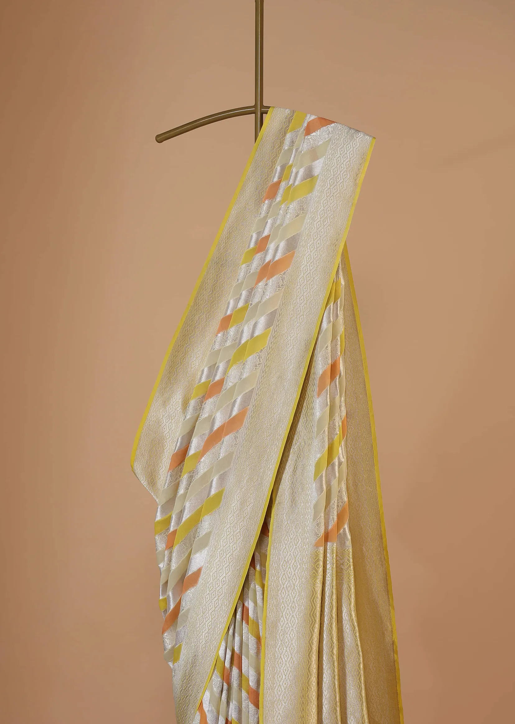 Canary Yellow Saree In Georgette With Striped Banarasi Zari Weave And An Unstitched Blouse