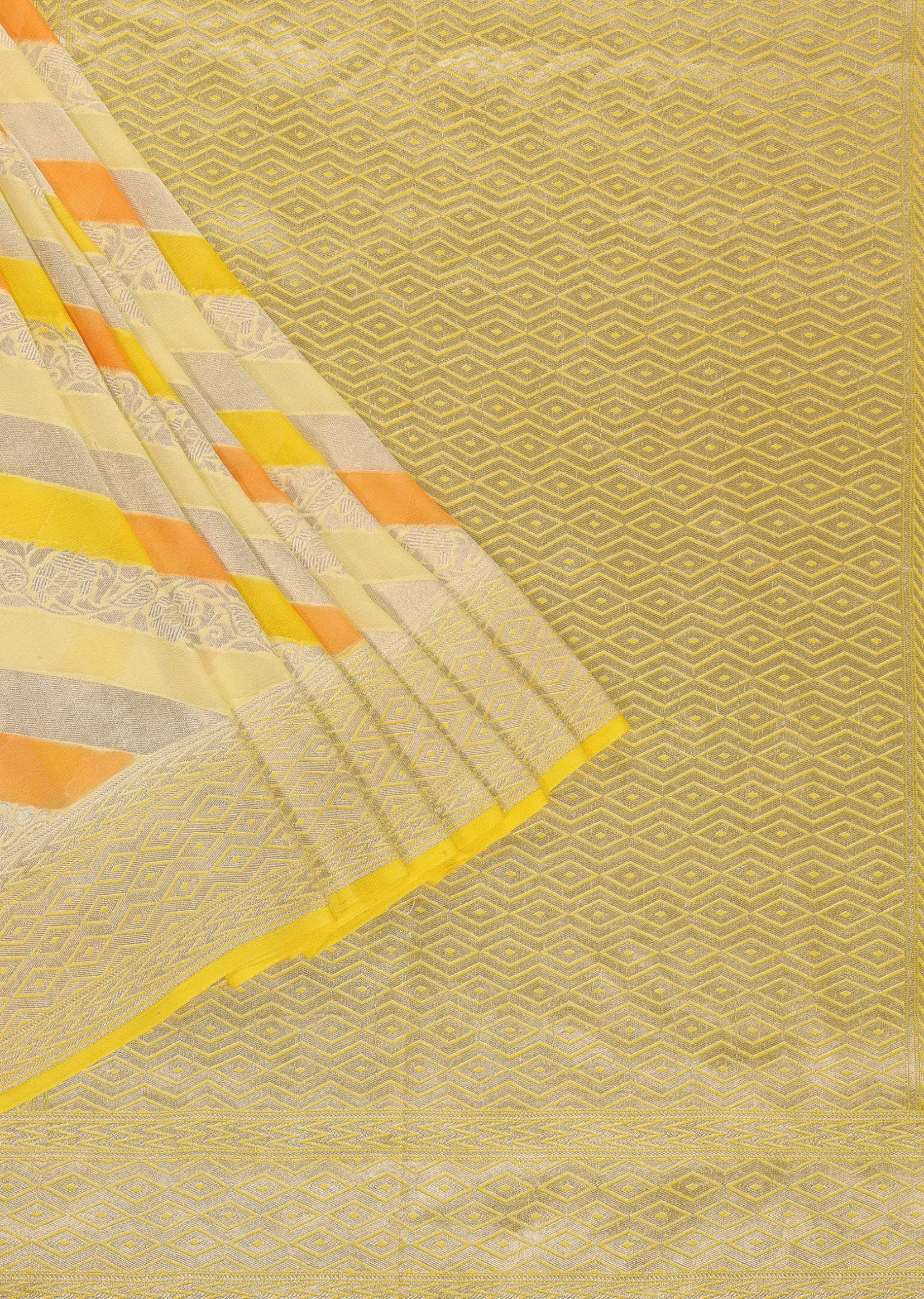 Canary Yellow Saree In Georgette With Striped Banarasi Zari Weave And An Unstitched Blouse