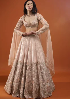 Candy Pink Festive Silver Pink Peony Lehenga Set In Organza With 3D Floral Embroidery - NOOR 2022