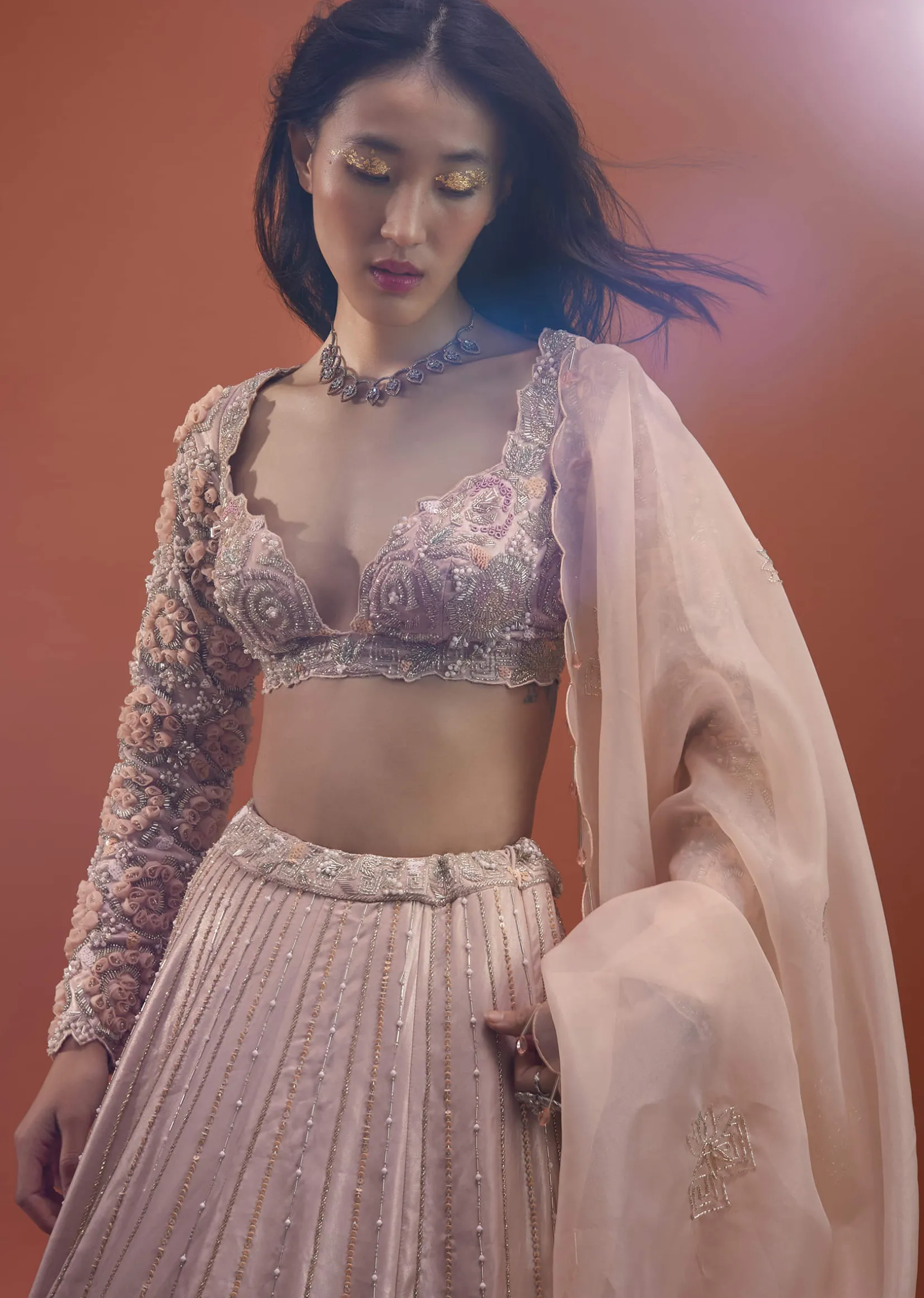 Candy Pink Festive Silver Pink Peony Lehenga Set In Organza With 3D Floral Embroidery - NOOR 2022