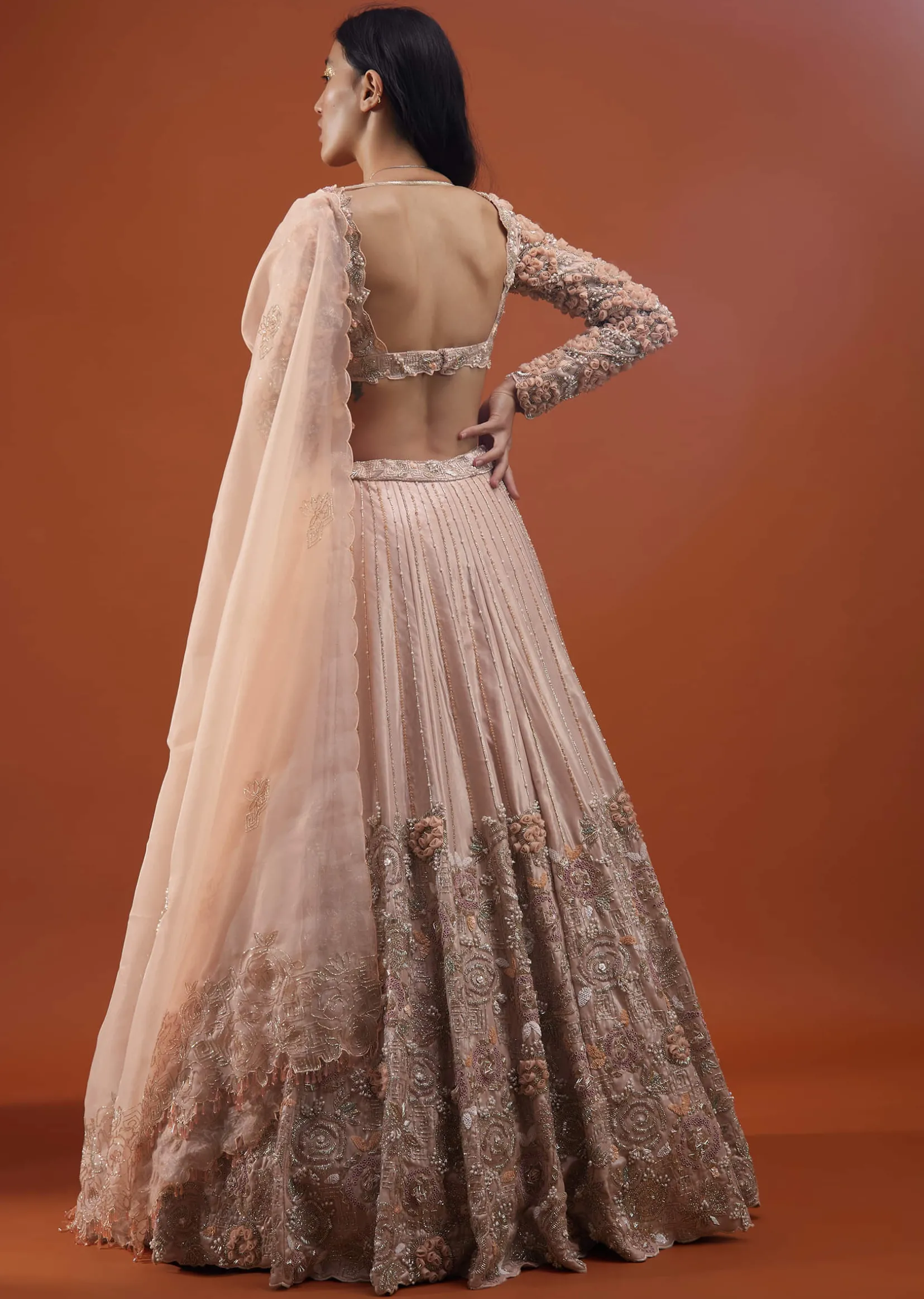 Candy Pink Festive Silver Pink Peony Lehenga Set In Organza With 3D Floral Embroidery - NOOR 2022