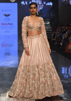 Candy Pink Festive Silver Pink Peony Lehenga Set In Organza With 3D Floral Embroidery - NOOR 2022
