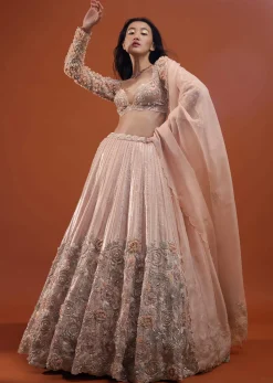 Candy Pink Festive Silver Pink Peony Lehenga Set In Organza With 3D Floral Embroidery - NOOR 2022