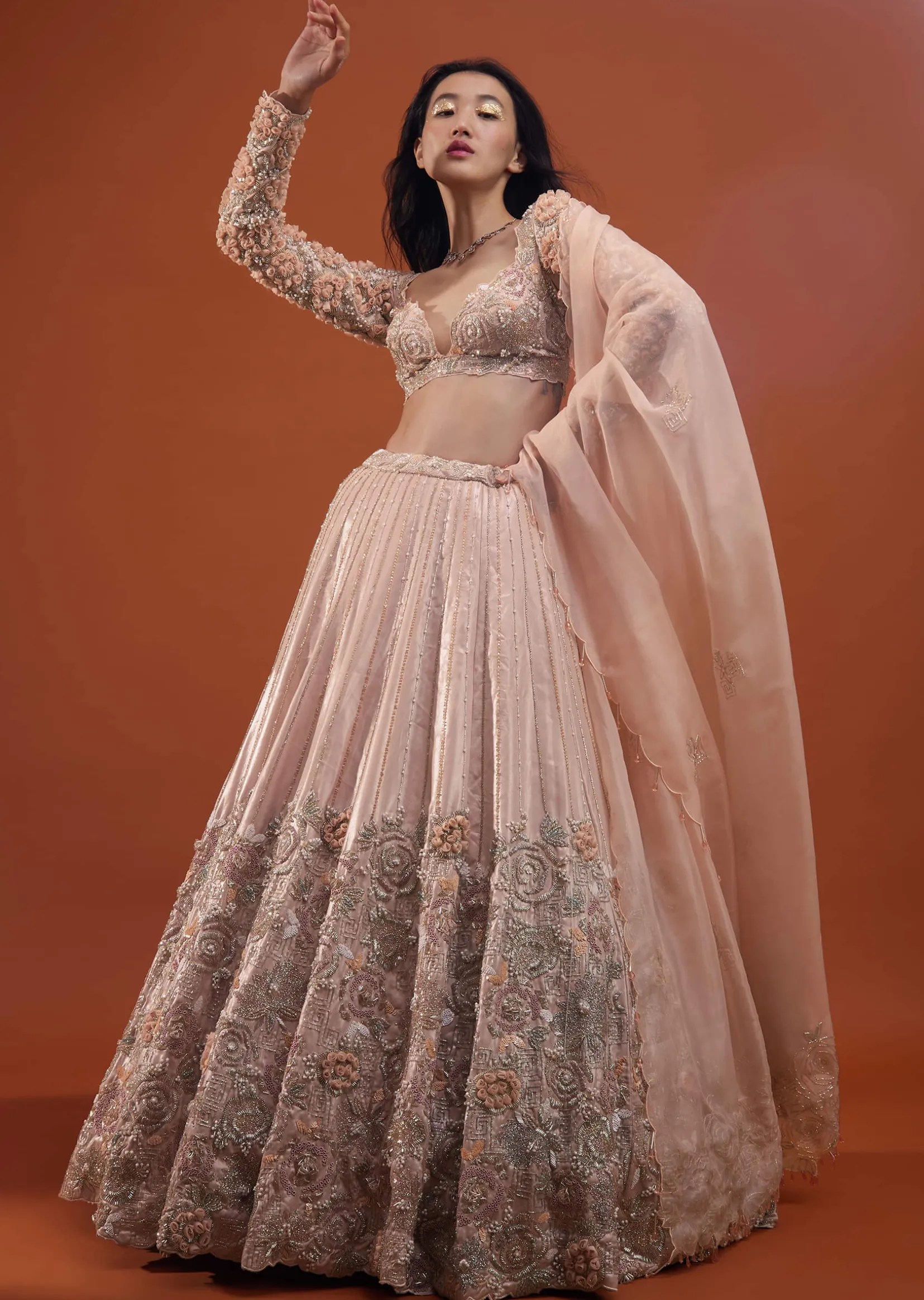 Candy Pink Festive Silver Pink Peony Lehenga Set In Organza With 3D Floral Embroidery - NOOR 2022