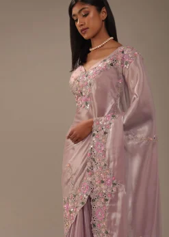 Candy Pink Glass Silk Saree With 3D Floral Embroidery