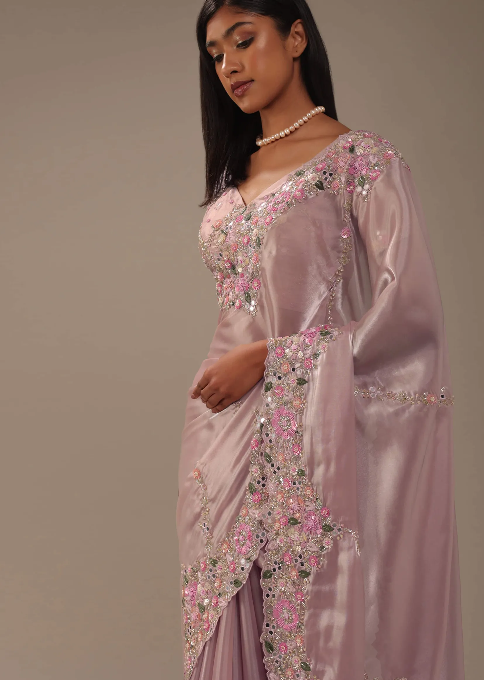 Candy Pink Glass Silk Saree With 3D Floral Embroidery