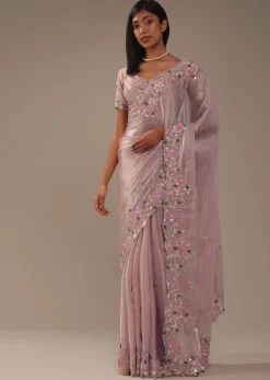 Candy Pink Glass Silk Saree With 3D Floral Embroidery