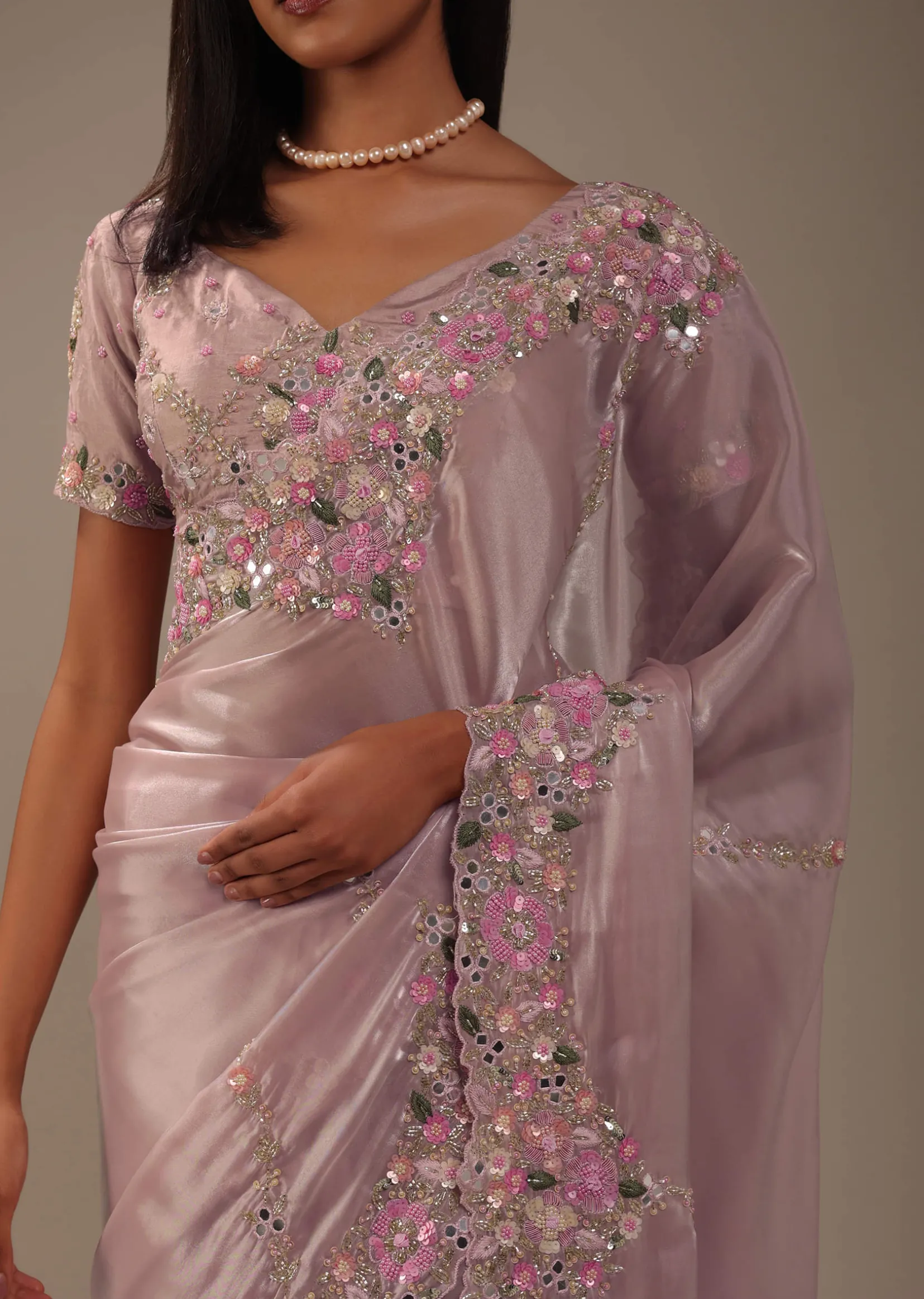 Candy Pink Glass Silk Saree With 3D Floral Embroidery