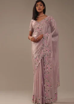 Candy Pink Glass Silk Saree With 3D Floral Embroidery