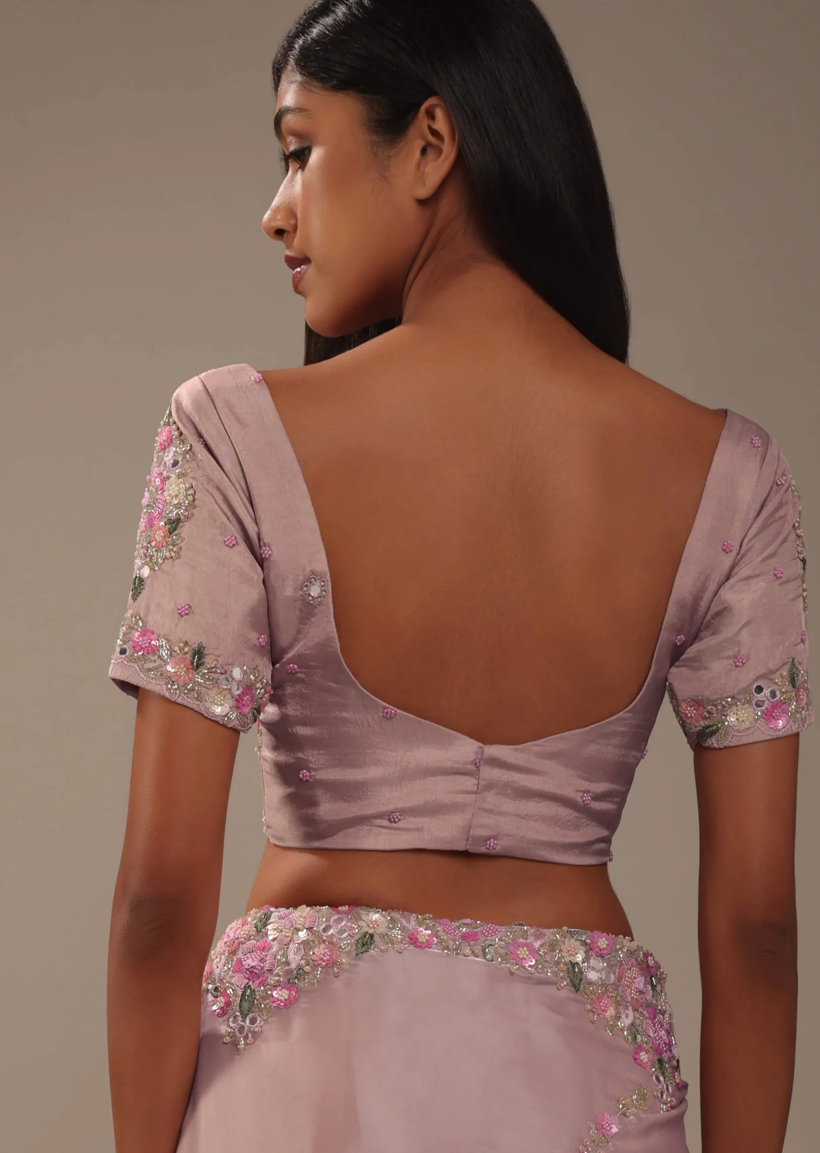 Candy Pink Glass Silk Saree With 3D Floral Embroidery