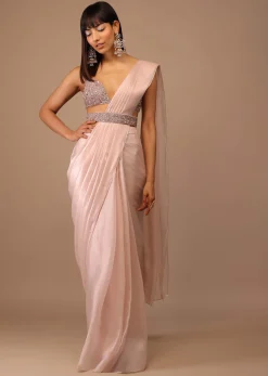 Candy Pink Organza Saree With A Heavily Embroidered Bustier And Belt