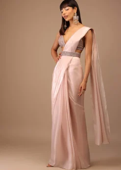 Candy Pink Organza Saree With A Heavily Embroidered Bustier And Belt
