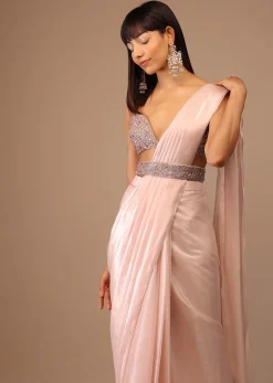 Candy Pink Organza Saree With A Heavily Embroidered Bustier And Belt