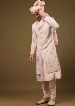 Candy Pink Silk Sherwani Set In Cutdana And Sequin Embroidery With Threadwork