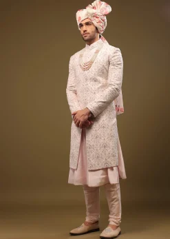 Candy Pink Silk Sherwani Set In Cutdana And Sequin Embroidery With Threadwork