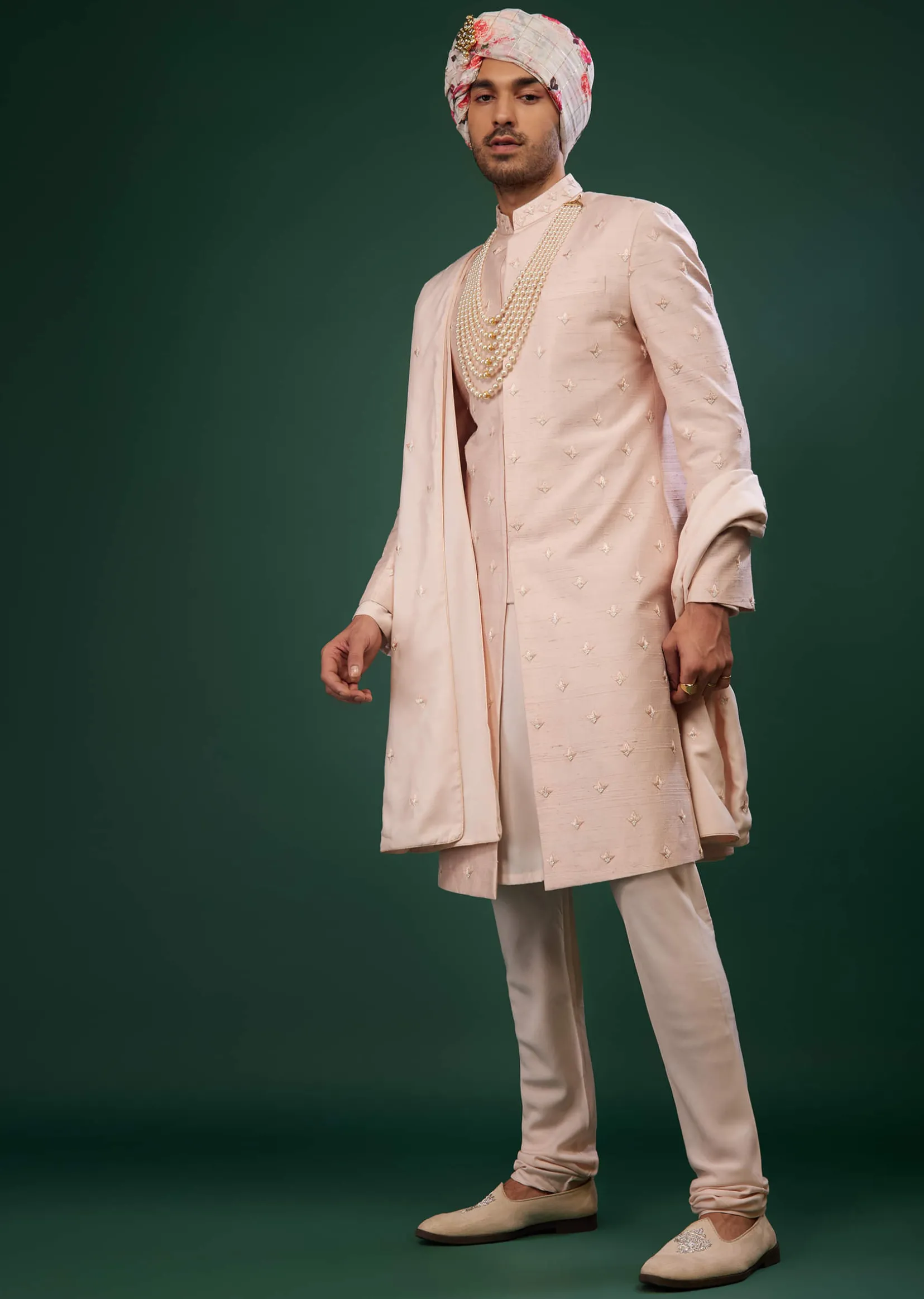 Candy Pink Thread Embroidered Sherwani Set In Raw Silk