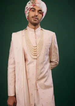 Candy Pink Thread Embroidered Sherwani Set In Raw Silk