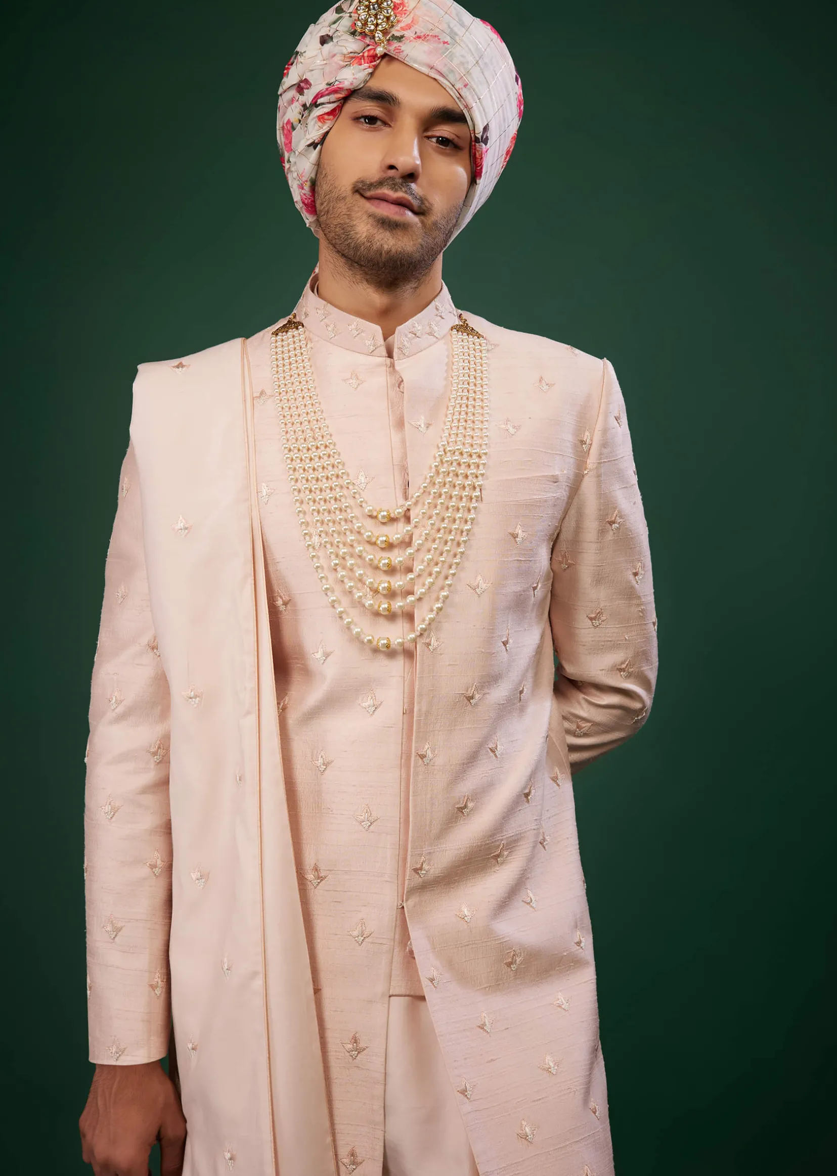 Candy Pink Thread Embroidered Sherwani Set In Raw Silk