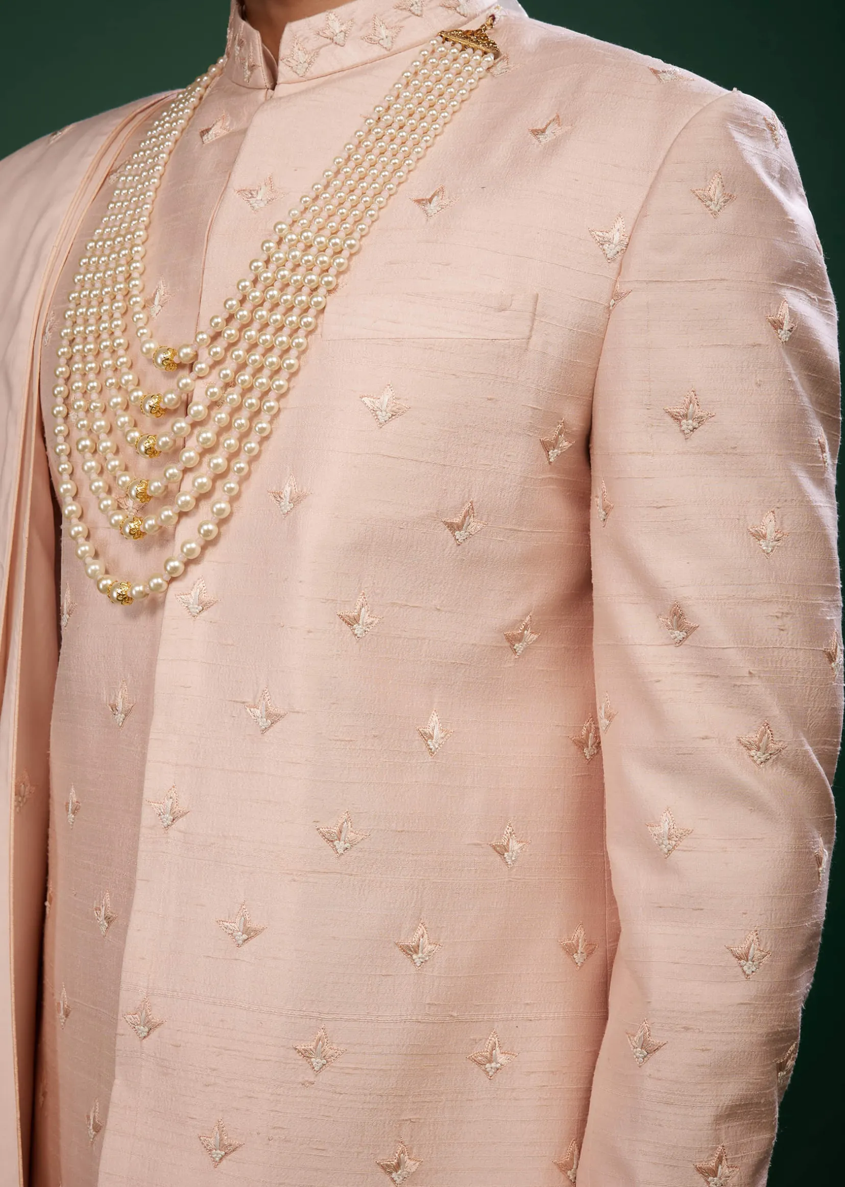 Candy Pink Thread Embroidered Sherwani Set In Raw Silk