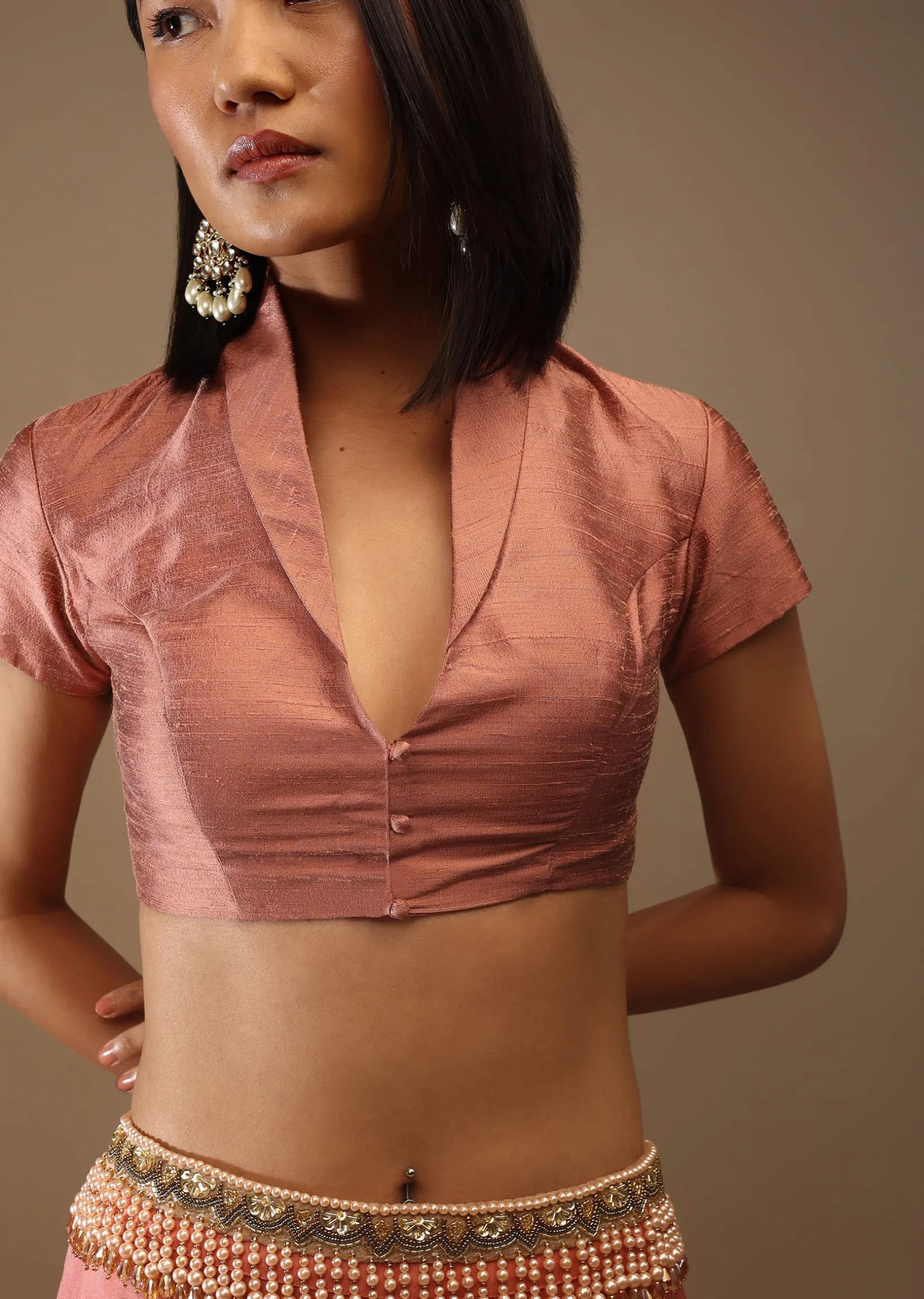 Canyon Clay Half Sleeves Blouse With A Collar Neckline Front Hook Closure