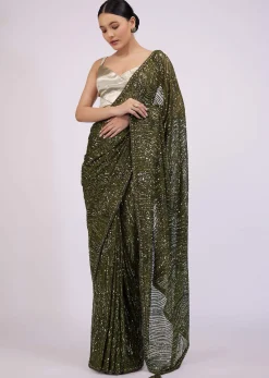 Capulet Olive Green Saree In Sequins With Embroidery