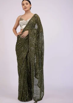 Capulet Olive Green Saree In Sequins With Embroidery
