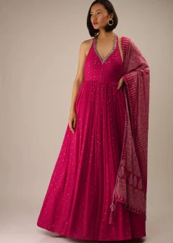Carmine Pink Anarkali Suit In Georgette With Printed Dupatta