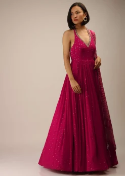 Carmine Pink Anarkali Suit In Georgette With Printed Dupatta