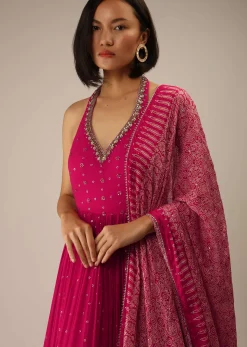 Carmine Pink Anarkali Suit In Georgette With Printed Dupatta