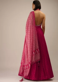 Carmine Pink Anarkali Suit In Georgette With Printed Dupatta