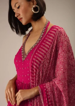 Carmine Pink Anarkali Suit In Georgette With Printed Dupatta