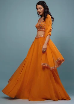 Carrot Orange Embroidered Lehenga Set In Organza