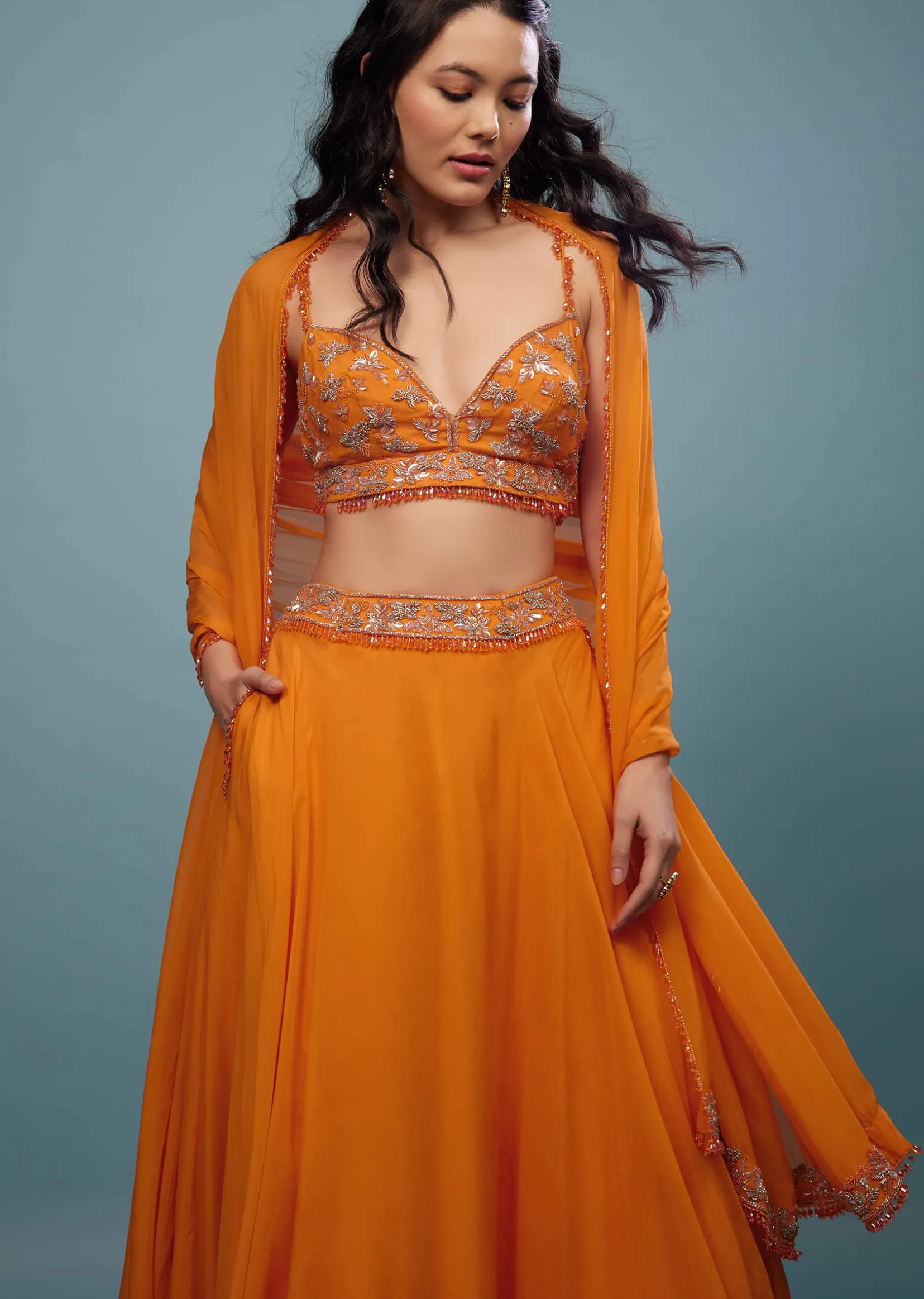 Carrot Orange Embroidered Lehenga Set In Organza