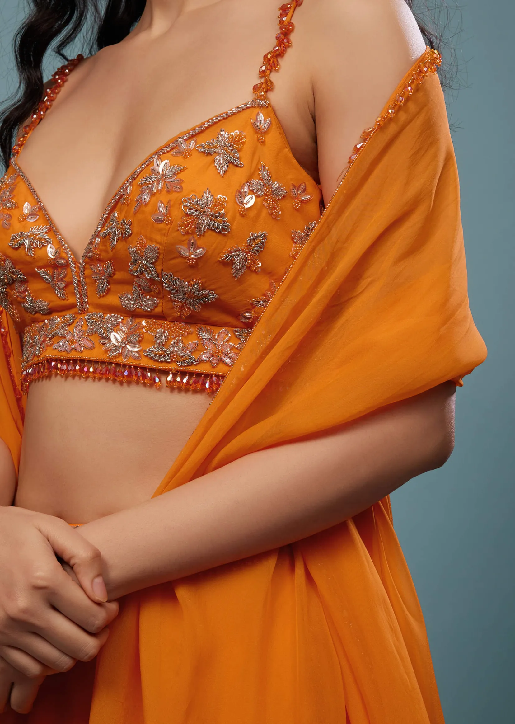 Carrot Orange Embroidered Lehenga Set In Organza