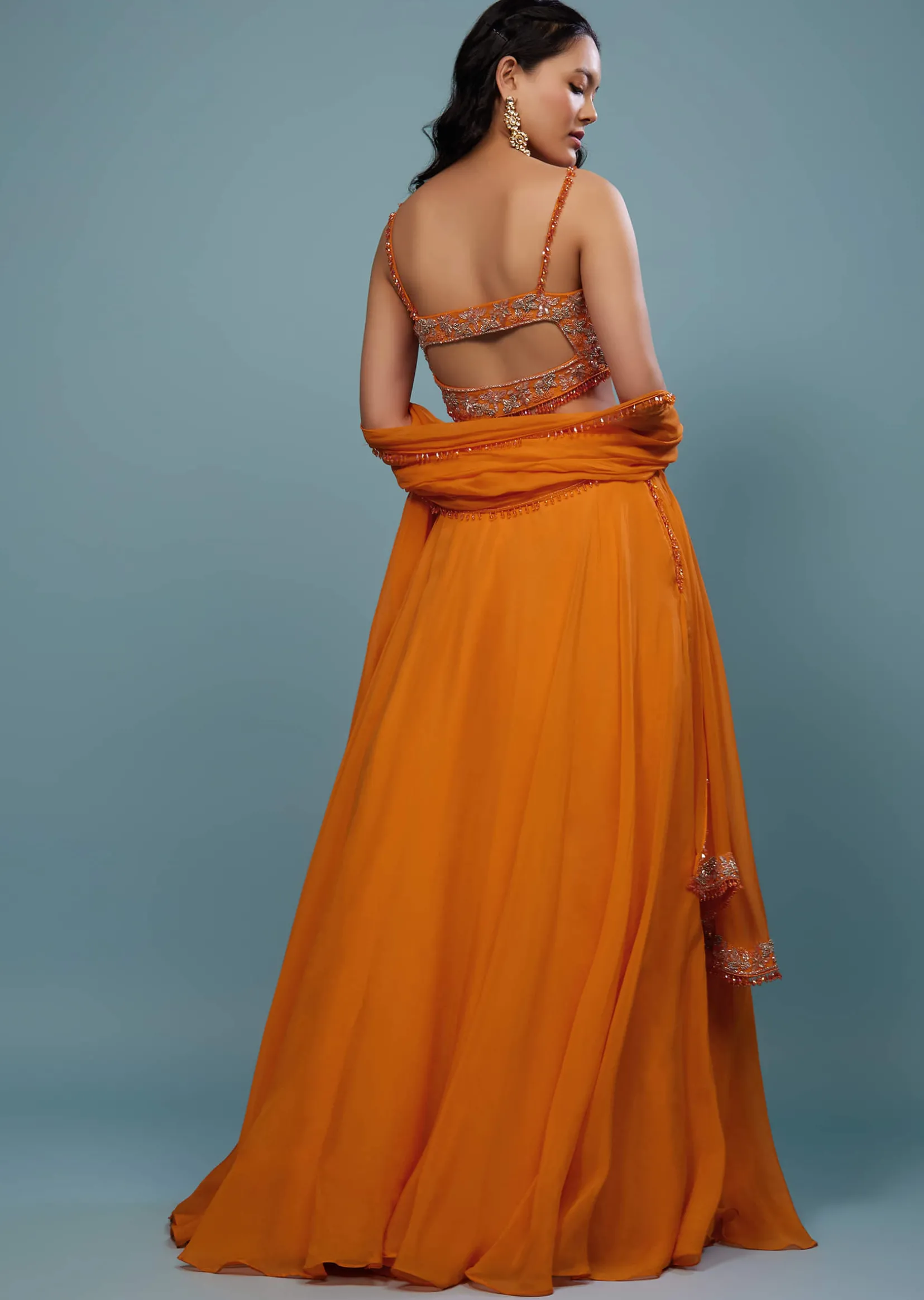 Carrot Orange Embroidered Lehenga Set In Organza