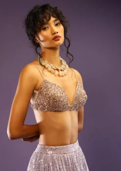 Champagne Blouse With Heavy Embroidery Detailing And Plunge Neckline