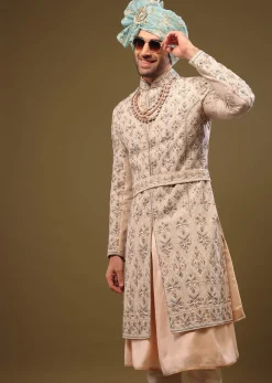 Champagne Brown Embroidered Silk Sherwani Set