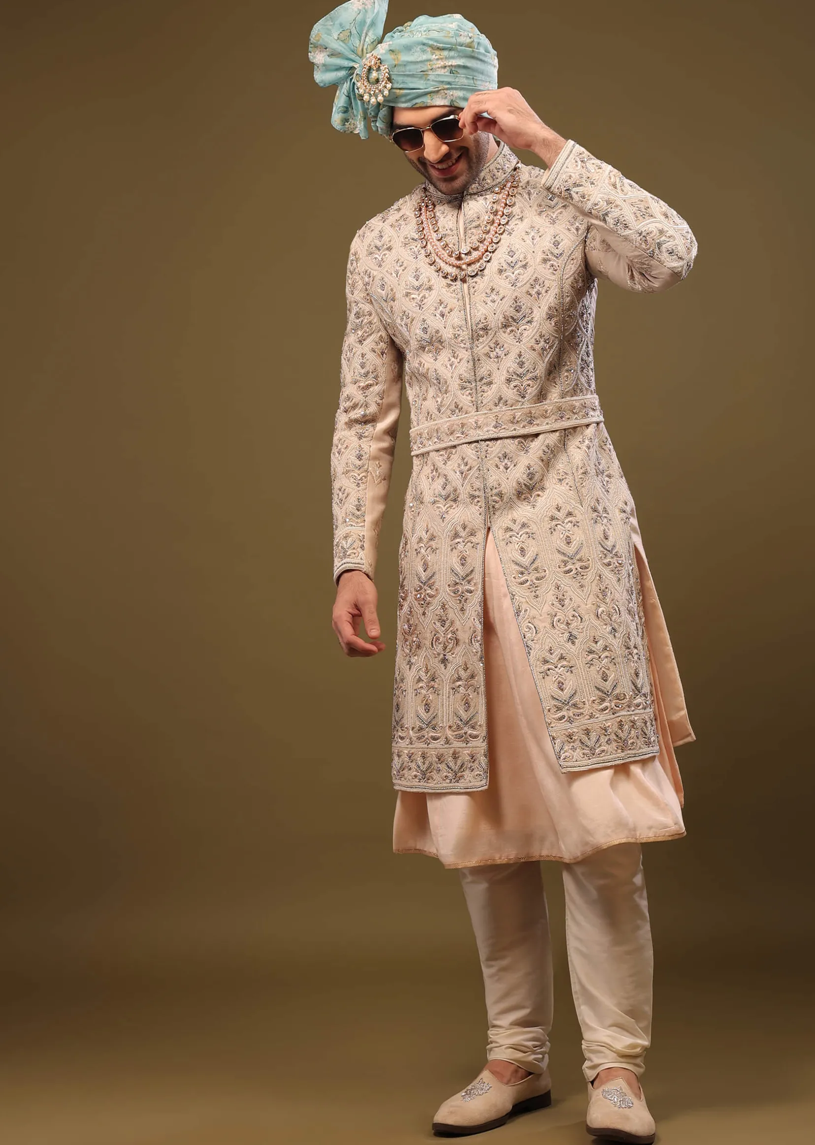 Champagne Brown Embroidered Silk Sherwani Set