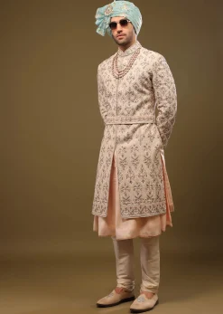 Champagne Brown Embroidered Silk Sherwani Set