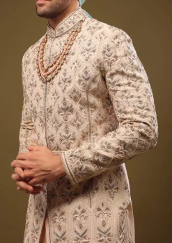 Champagne Brown Embroidered Silk Sherwani Set