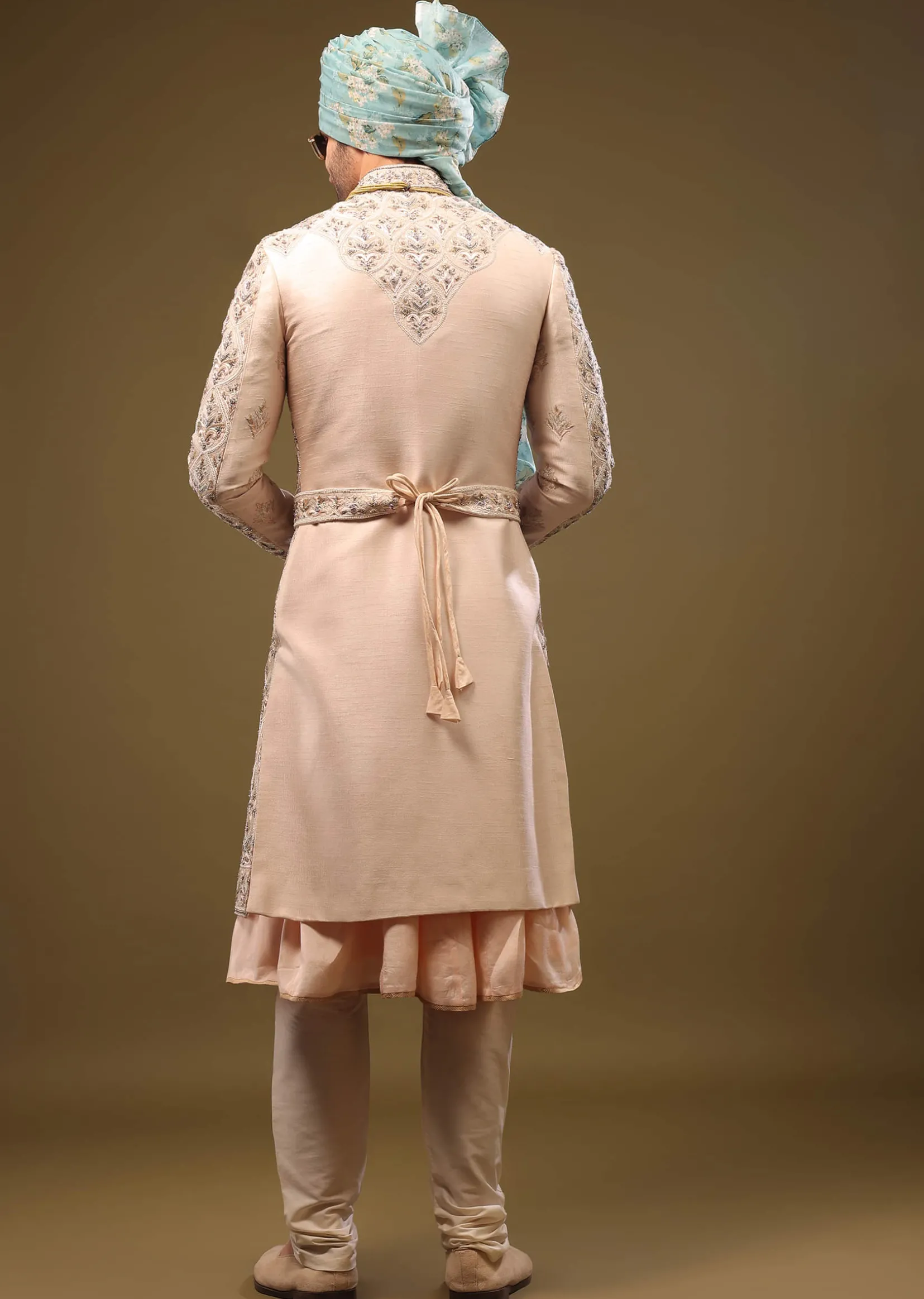 Champagne Brown Embroidered Silk Sherwani Set