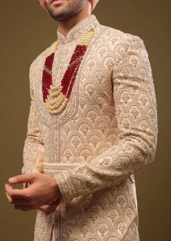 Champagne Brown Silk Sherwani Set With Hand Embroidery