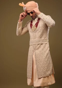 Champagne Brown Silk Sherwani Set With Hand Embroidery