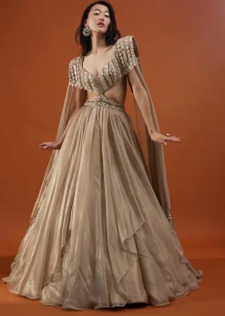 Champagne Gold Akasia Gown With Tassel Wing Cape Sleeves - NOOR 2022