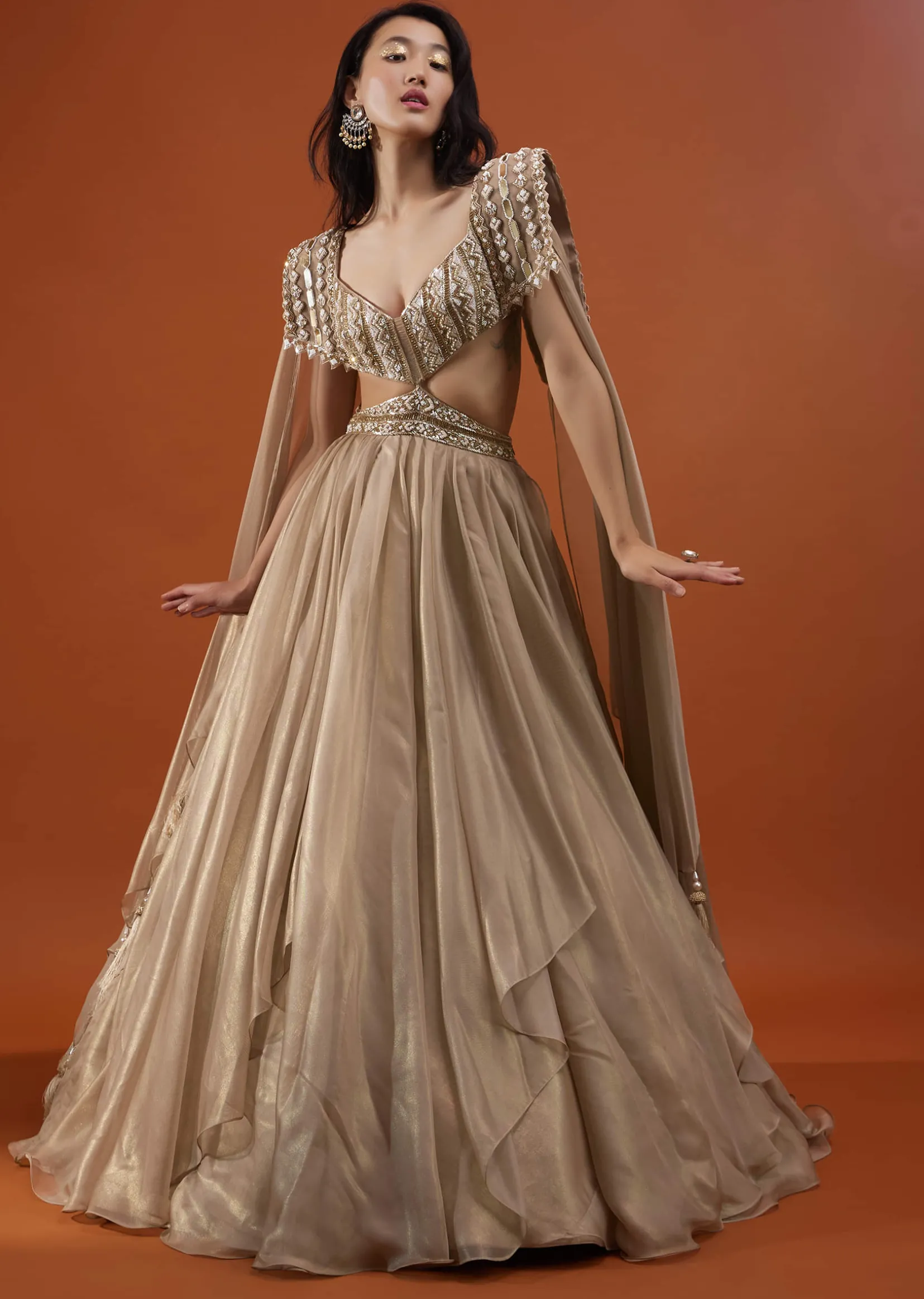 Champagne Gold Akasia Gown With Tassel Wing Cape Sleeves - NOOR 2022
